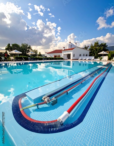 A luxurious pool with a unique design, featuring blue tiles and surrounding seating. The sky is bright with fluffy white clouds. A building is at the background