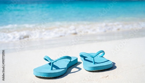 Bright blue flip-flops resting on a pristine white sand beach with gentle turquoise ocean waves in the background