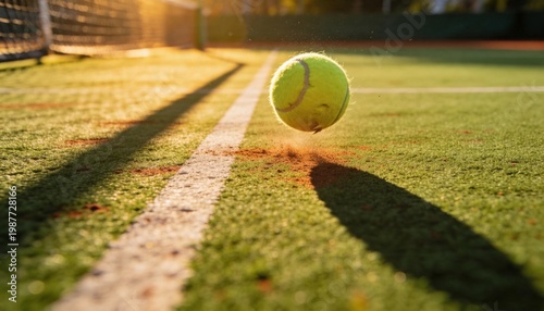 Close-up action shot of a bright yellow tennis ball in mid-air over a green court with long shadows at sunset
