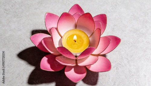 Pink lotus flower shaped candle holder with a lit yellow candle casting a shadow on a textured surface