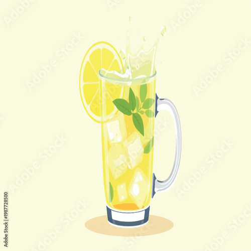 A fresh glass of cold lemonade and a citrus cocktail with lime, ice, and yellow lemon slices isolated on a white background