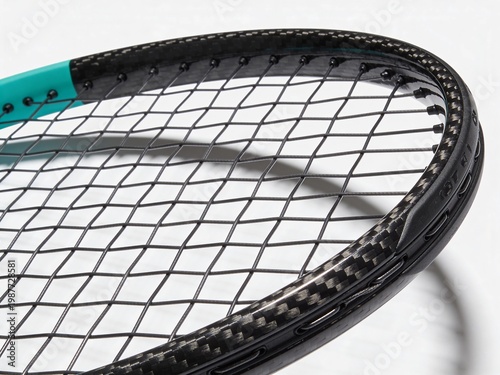 Close-up detailed view of a modern tennis racket frame with tightly strung strings and carbon fiber accents