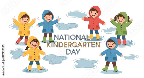 A vibrant National Kindergarten Day vector illustration featuring cheerful children in colorful raincoats and boots playing near puddles, set against a clean background with a playful