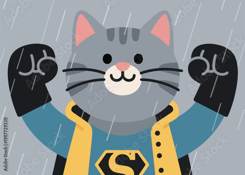 Cartoon gray cat in superhero costume with yellow cape raising fists in rain, vector illustration.