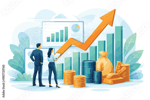 A vector concept showing professional men and women analyzing rising charts, representing business growth, profit, and commodity success in a modern corporate style.