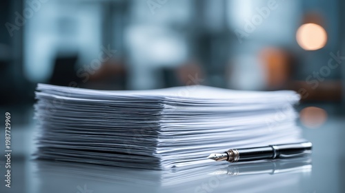 Stack of Papers & Fountain Pen: Business Documents & Workload, Office