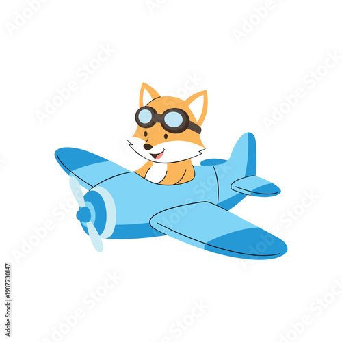Cute Fox flying on airplane with simple children's style vector illustration
