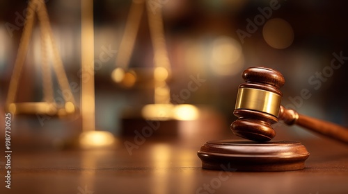 Judge Gavel on Wooden Table with Scales of Justice Background, Legal Law Court Concept