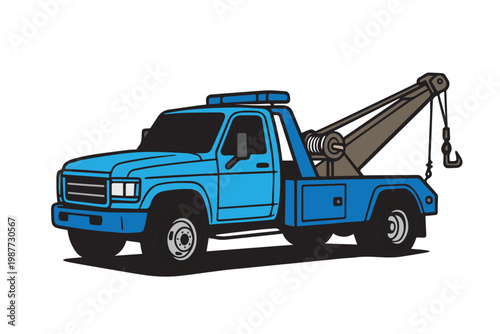 A detailed vector illustration of a blue tow truck parked on a clean urban street, showcasing bold lines, modern design, and vibrant colors with a minimal aesthetic style.
