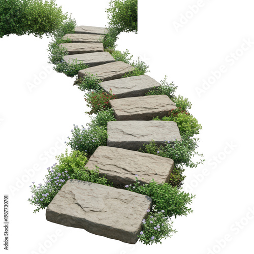 A winding stone path through a lush green landscape with vibrant foliage.