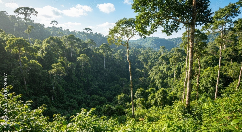 Fototapeta premium Lush, verdant rainforest canopy stretches towards a bright blue sky