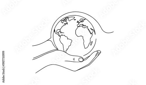 Humanitarian aid concept hands supporting earth outline elegant line art vector illustration