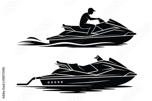 Jet ski rider and stationary jet ski silhouette with personal watercraft