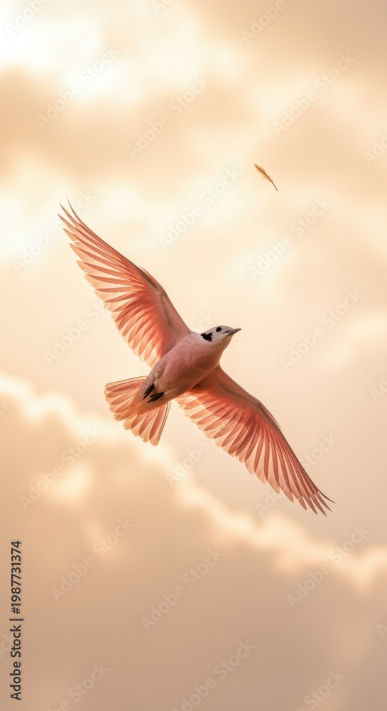 Fototapeta premium Graceful bird in flight soaring through golden sky with soft sunset light and copy space for funeral remembrance card, greeting card, or spiritual blog header