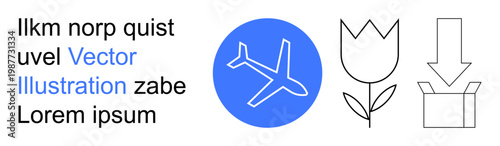Travel, transportation, floral design, logistics, digital downloads, minimalism. Blue airplane icon, tulip flower and box download symbol in a simple layout. Travel and transportation conceptual