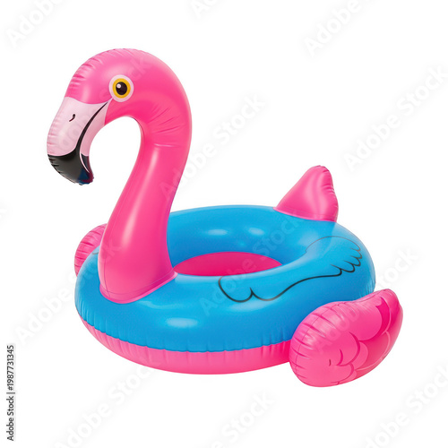 A vibrant pink inflatable swan floatie on a bright blue background