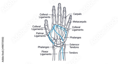 Comprehensive medical diagram illustrating the essential anatomy of the human hand, highlighting the intricate interplay of bones, ligaments, and tendons crucial for movement and dexterity