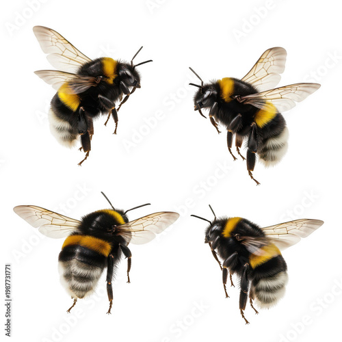 Four bumblebees flying in a diagonal formation against a white background