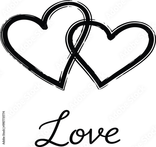 Minimalist Two Interlocking Hearts Illustration With Hand Drawn Brush Strokes And Elegant Love Cursive Script For Valentines Day Wedding And Anniversary Greeting