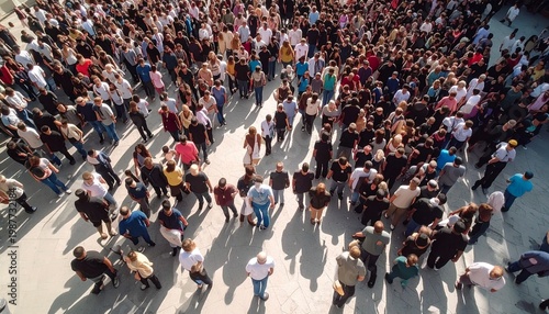 Aerial view of a large crowd of people gathered outdoors.