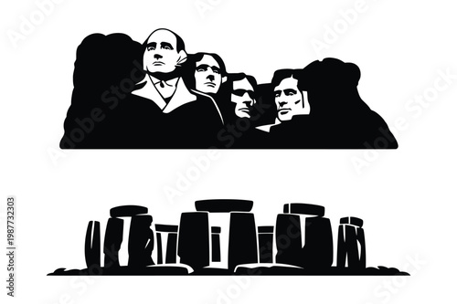 Stonehenge ancient monument and group of men silhouette with stone circle