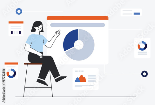 Woman sitting on a high stool while presenting a large circular pie chart on a digital dashboard interface.