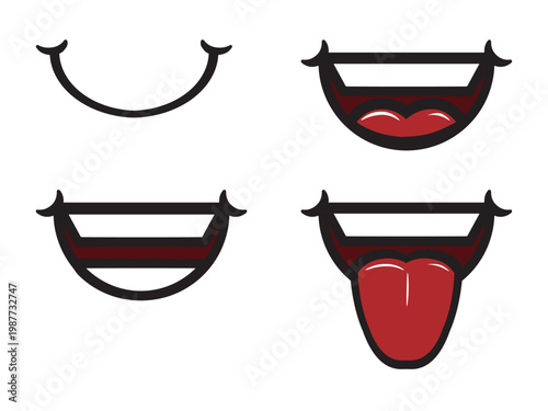 A set of four happy smiles in cartoon style. Mouth closed. Mouth open. Mouth open showing teeth. Mouth open with tongue sticking out. Transparent background. 