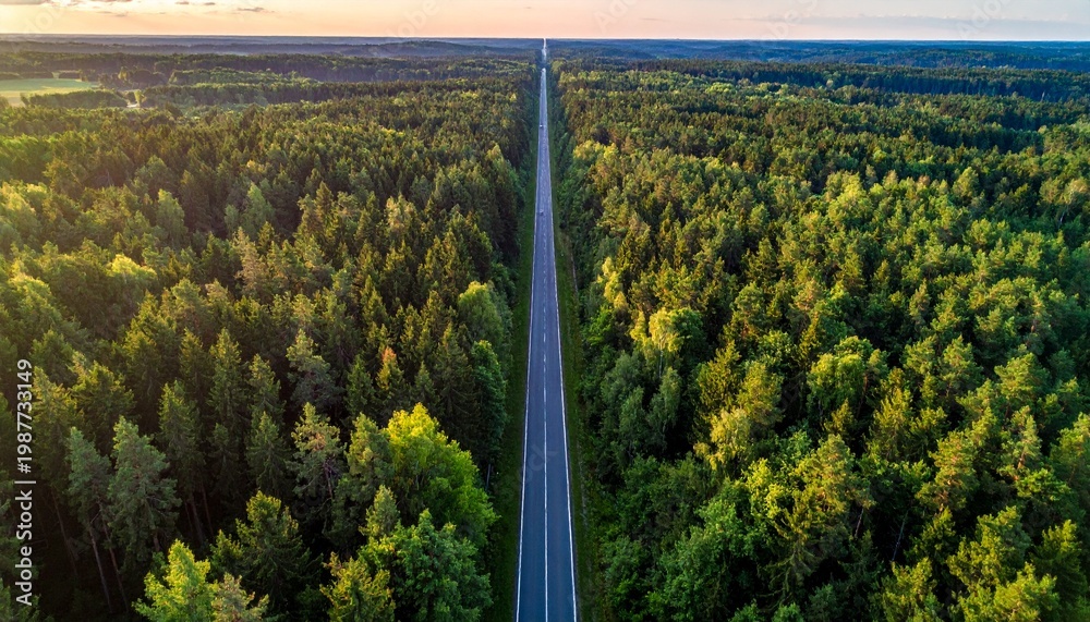 Fototapeta premium Aerial View of Road Cutting Through Dense Forest Canopy.