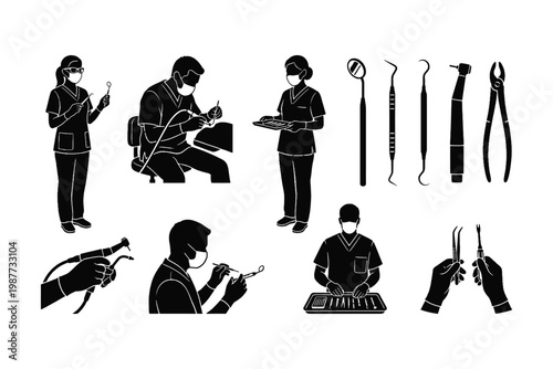 Dental Care Silhouette Set Dentist Checking Equipment Patient Clinic Vector Collection
