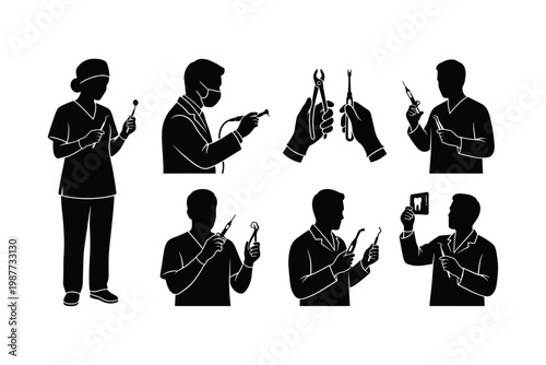 Dental Clinic Doctor Silhouette Set Patient Examination and Tools Vector Collection