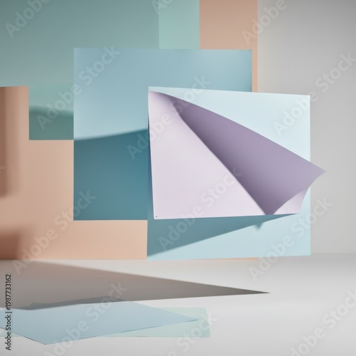 Floating geometric paper planes in pastel blue and lavender tones creating a architectural mockup with copy space for corporate background or artistic concept