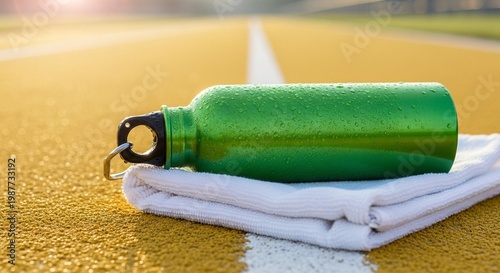 A green water bottle and white towel on a yellow sports track with sunlight shining down