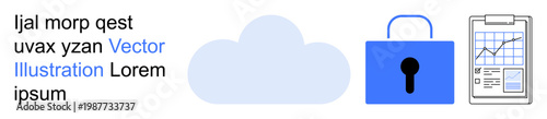 Cloud storage, cybersecurity, data privacy, digital protection, secure file sharing, data analytics. Blue cloud, padlock icon and clipboard with a chart. Cloud storage and cybersecurity theme