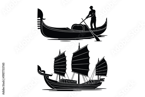 Venetian gondola and chinese junk boat silhouette with sail boat, water sport