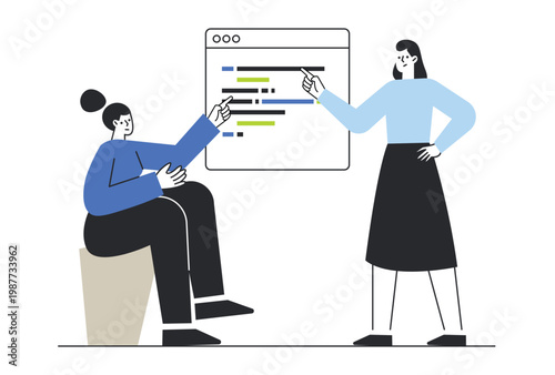 Two female software developers collaborating on website source code within a browser window interface during technical review session.