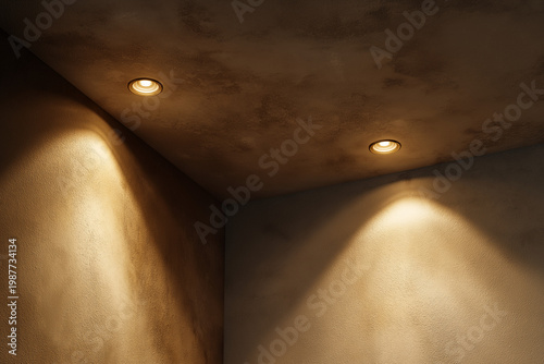 Low Angle View of Dropped Ceiling with Recessed LED Lighting and Stucco Wall