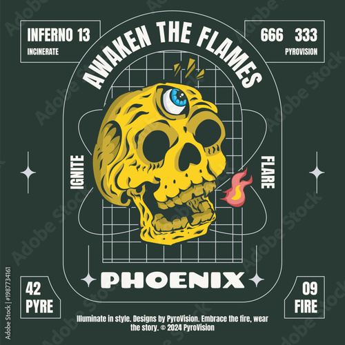 Urban streetwear t-shirt design featuring a flaming skull and vintage phoenix typography.