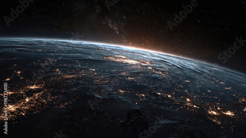 View of Earth from space during sunrise, sun cresting over the horizon with blue atmospheric glow and lens flare, city lights visible on dark side of planet, detailed clouds and oceans, starfield back