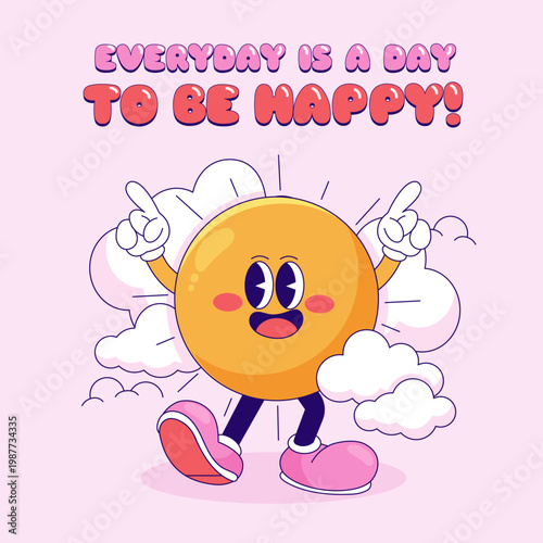 Vintage retro cartoon sun character with clouds in 1930s rubber hose animation style