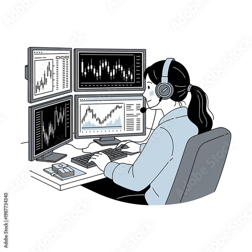 Woman trader analyzing stock market charts on multiple screens