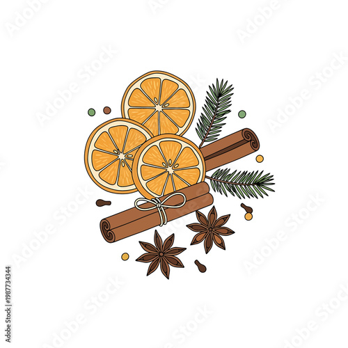 Winter Spice Illustration with Orange Cinnamon and Star Anise