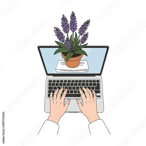 Illustration of hands typing on laptop with purple flowers on screen