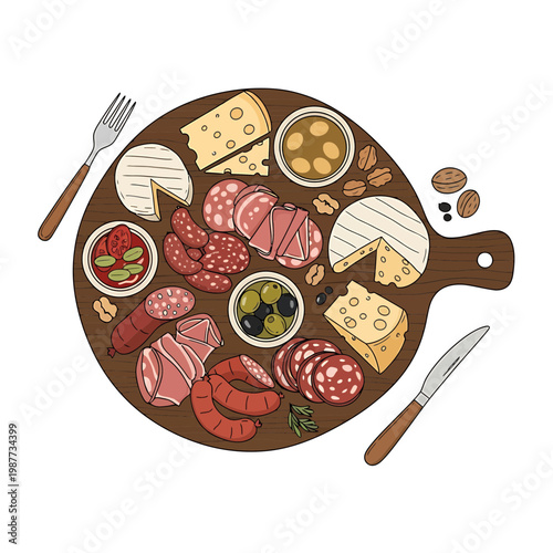 Gourmet Charcuterie Board Illustration with Meat and Cheese