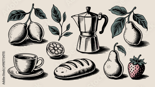 A vintage style illustration depicts a coffee cup moka pot fruits bread and a strawberry arranged with botanical elements high quality professional detailed modern elegant stylish