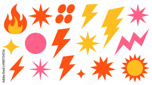A vibrant collection of cartoonish shapes and symbols including flames stars lightning bolts and circles arranged against a white background high quality professional detailed modern elegant