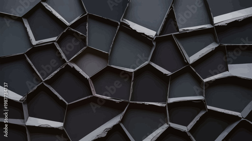 An abstract close up reveals a textured wall composed of fragmented geometric dark gray panels with silver edging high quality professional detailed modern elegant stylish clean