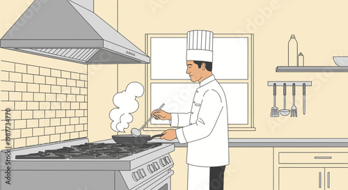 Chef cooking in kitchen wearing uniform.
