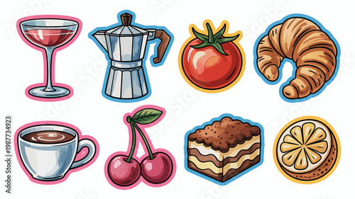 A colorful illustration displays an assortment of breakfast and snack items including coffee pastries fruit and a glass of wine high quality professional detailed modern elegant