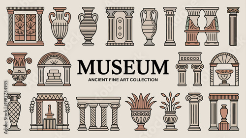 An artistic composition showcases a collection of ancient greek and roman architectural elements and vases in a neutral color palette high quality professional detailed modern elegant
