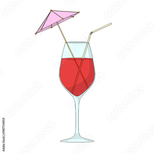 Cocktail Luxury Elegance Wine Glass with Wine, Straw and Umbrella on White Background. Vector Illustration.
